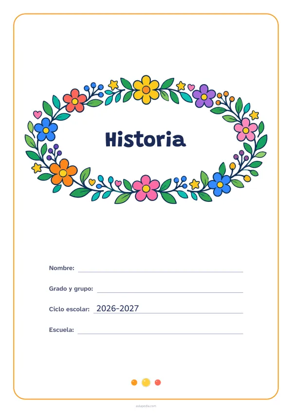 Portada de «Historia» a color, con el título dentro de una corona de hojas y flores. Dibujo: una corona ovalada de hojas, flores, estrellas y corazones, con el centro vacío para el título.
