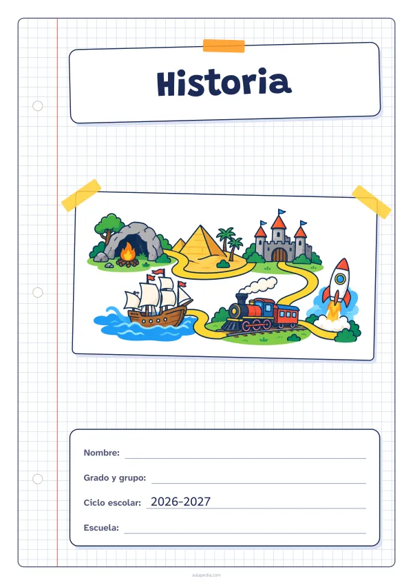 Portada de «Historia» a color, con una hoja cuadriculada con margen, el título en un cartel y el dibujo pegado como una foto. Dibujo: un camino que recorre la historia: de una cueva con una hoguera a una pirámide, un castillo, un barco de vela, un tren de vapor y un cohete.
