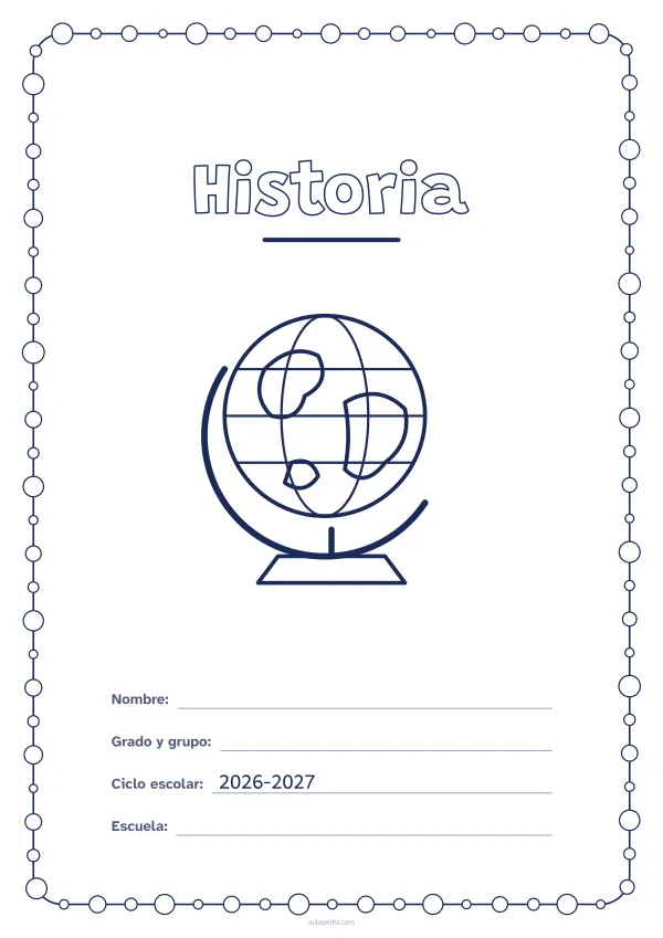 Portada de «Historia» para colorear, con un marco redondeado de gomets de varios tamaños. Dibujo: un globo terráqueo.