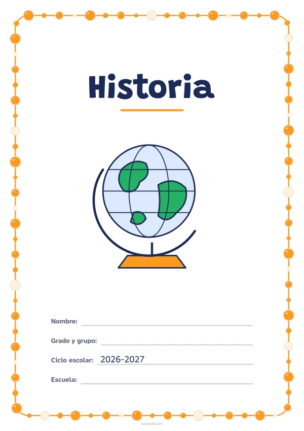 Portada de «Historia» a color, con un marco redondeado de gomets de varios tamaños. Dibujo: un globo terráqueo.