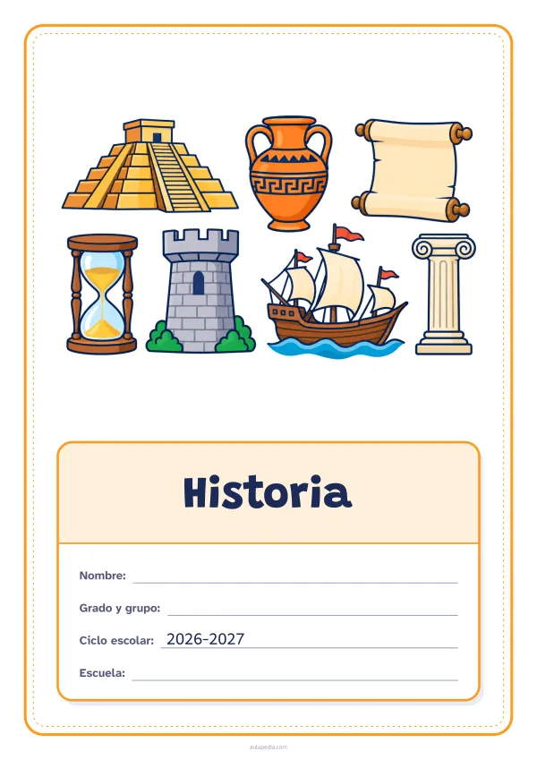 Portada de «Historia» a color, con el dibujo arriba y, debajo, una gran etiqueta escolar con el título y los datos. Dibujo: una pirámide escalonada, un ánfora, un pergamino, un reloj de arena, la torre de un castillo, un barco de vela y una columna.