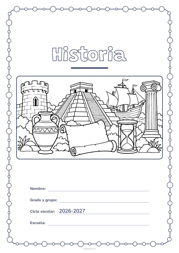 Portada de «Historia» para colorear, con un marco redondeado de gomets de varios tamaños. Dibujo: una pirámide escalonada, un ánfora, un pergamino, un reloj de arena, la torre de un castillo, un barco de vela y una columna.