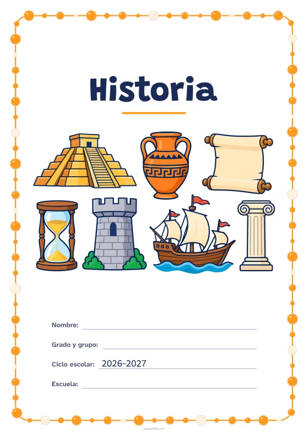 Portada de «Historia» a color, con un marco redondeado de gomets de varios tamaños. Dibujo: una pirámide escalonada, un ánfora, un pergamino, un reloj de arena, la torre de un castillo, un barco de vela y una columna.