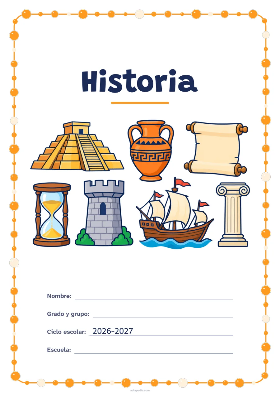 Portada de «Historia» a color, con un marco redondeado de gomets de varios tamaños. Dibujo: una pirámide escalonada, un ánfora, un pergamino, un reloj de arena, la torre de un castillo, un barco de vela y una columna.