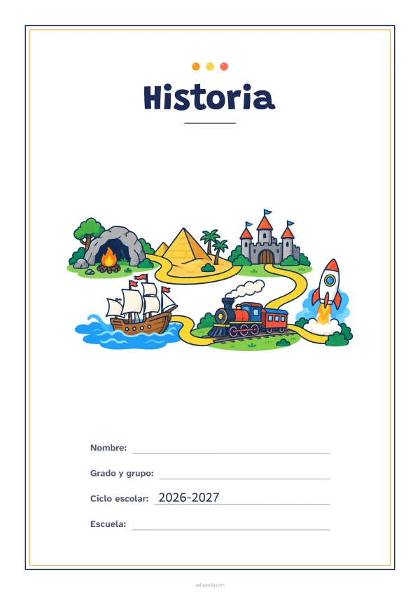 Portada de «Historia» a color, con un marco fino de doble línea y mucho blanco. Dibujo: un camino que recorre la historia: de una cueva con una hoguera a una pirámide, un castillo, un barco de vela, un tren de vapor y un cohete.
