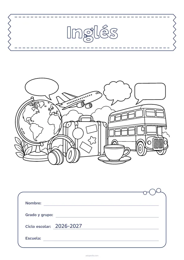 Portada de «Inglés» para colorear, con el título sobre una cinta de tela y los datos en una tarjeta. Dibujo: un globo terráqueo, un avión, una maleta con pegatinas, unos auriculares, una taza de té, un autobús de dos pisos y tres globos de diálogo.
