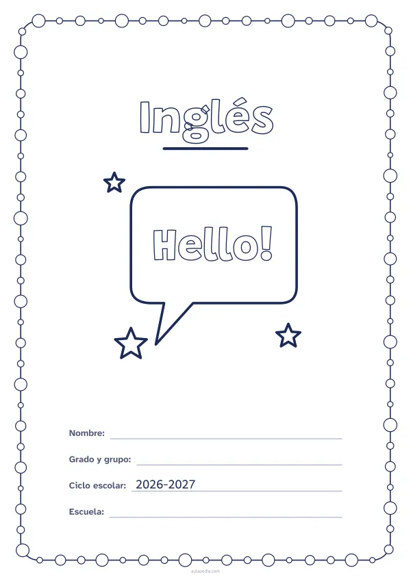 Portada de «Inglés» para colorear, con un marco redondeado de gomets de varios tamaños. Dibujo: un globo de diálogo con un saludo y tres estrellas.