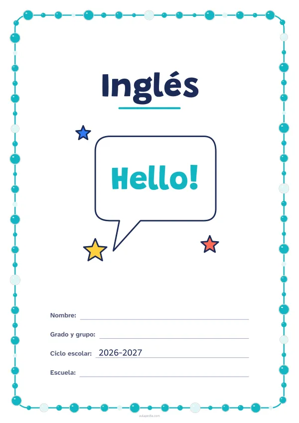 Portada de «Inglés» a color, con un marco redondeado de gomets de varios tamaños. Dibujo: un globo de diálogo con un saludo y tres estrellas.