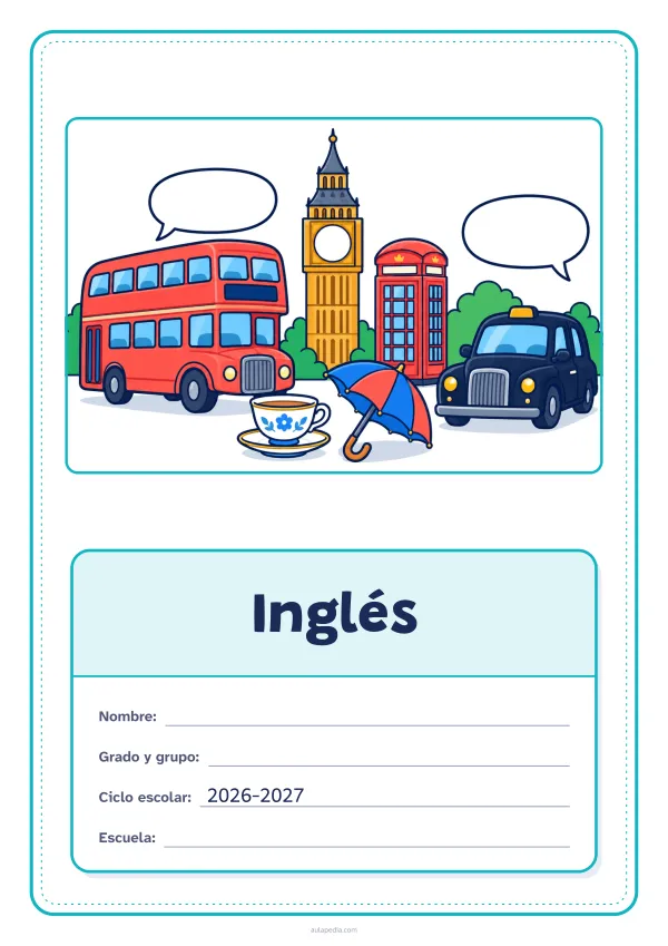 Portada de «Inglés» a color, con el dibujo arriba y, debajo, una gran etiqueta escolar con el título y los datos. Dibujo: un autobús de dos pisos, una torre con reloj, una cabina de teléfono, un taxi, una taza de té, un paraguas y dos globos de diálogo.