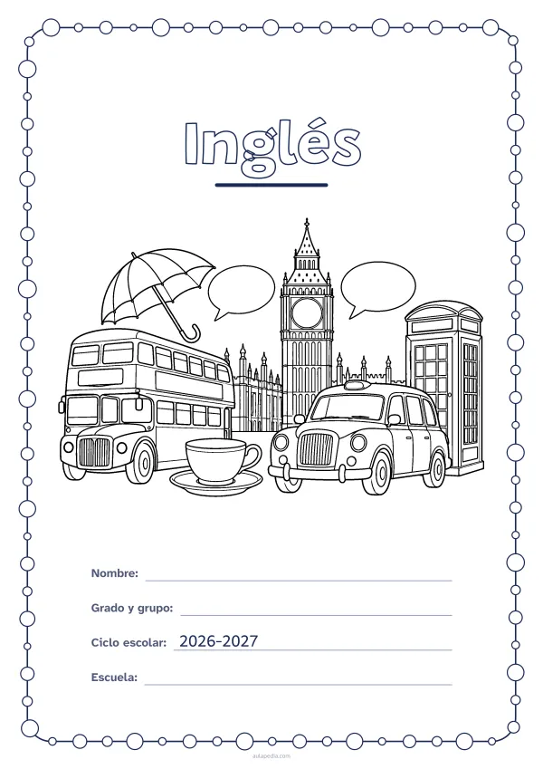 Portada de «Inglés» para colorear, con un marco redondeado de gomets de varios tamaños. Dibujo: un autobús de dos pisos, una torre con reloj, una cabina de teléfono, un taxi, una taza de té, un paraguas y dos globos de diálogo.