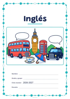 Portada de «Inglés» a color, con un marco redondeado de gomets de varios tamaños. Dibujo: un autobús de dos pisos, una torre con reloj, una cabina de teléfono, un taxi, una taza de té, un paraguas y dos globos de diálogo.