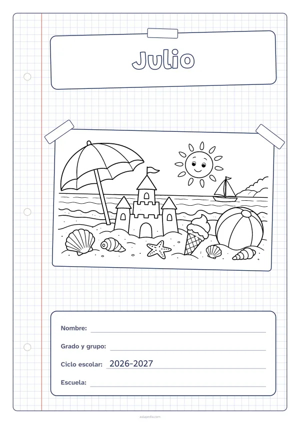 Portada de «Julio» para colorear, con una hoja cuadriculada con margen, el título en un cartel y el dibujo pegado como una foto. Dibujo: una playa con una sombrilla, un castillo de arena, una pelota, un helado, un velero, conchas y un sol sonriente.