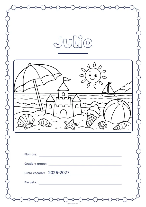 Portada de «Julio» para colorear, con un marco redondeado de gomets de varios tamaños. Dibujo: una playa con una sombrilla, un castillo de arena, una pelota, un helado, un velero, conchas y un sol sonriente.