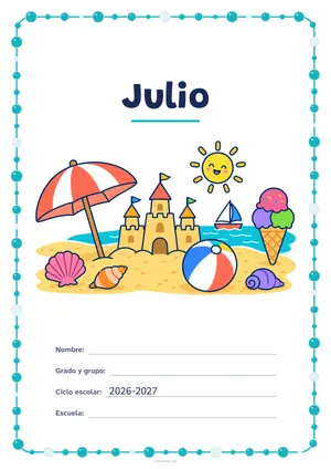 Portada de «Julio» a color, con un marco redondeado de gomets de varios tamaños. Dibujo: una playa con una sombrilla, un castillo de arena, una pelota, un helado, un velero, conchas y un sol sonriente.