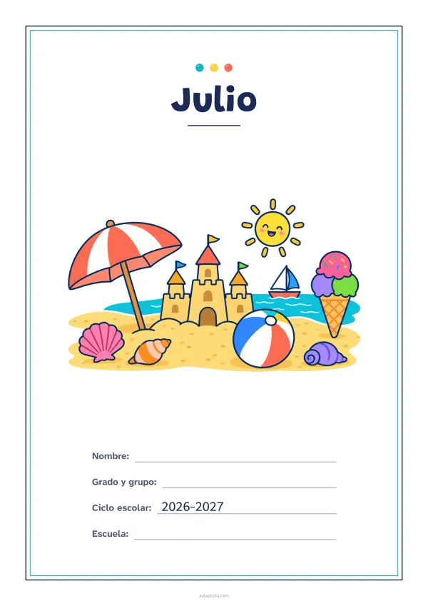 Portada de «Julio» a color, con un marco fino de doble línea y mucho blanco. Dibujo: una playa con una sombrilla, un castillo de arena, una pelota, un helado, un velero, conchas y un sol sonriente.