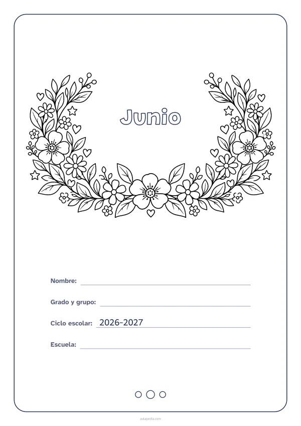 Portada de «Junio» para colorear, con el título dentro de una corona de hojas y flores. Dibujo: una corona de hojas, flores, estrellas y corazones, abierta por arriba y con el centro vacío para el título.