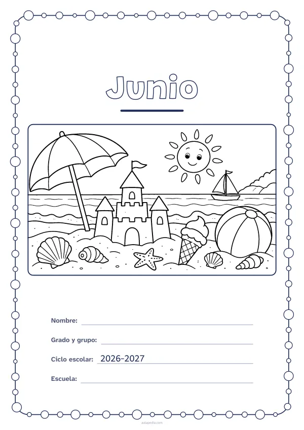 Portada de «Junio» para colorear, con un marco redondeado de gomets de varios tamaños. Dibujo: una playa con una sombrilla, un castillo de arena, una pelota, un helado, un velero, conchas y un sol sonriente.