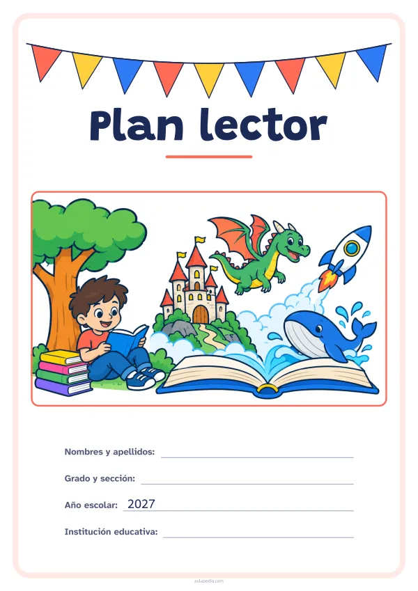 Portada de «Plan lector» a color, con una guirnalda de banderines sobre el título. Dibujo: un niño que lee bajo un árbol junto a una pila de libros; de un libro abierto salen un castillo, un dragón, un cohete y una ballena.
