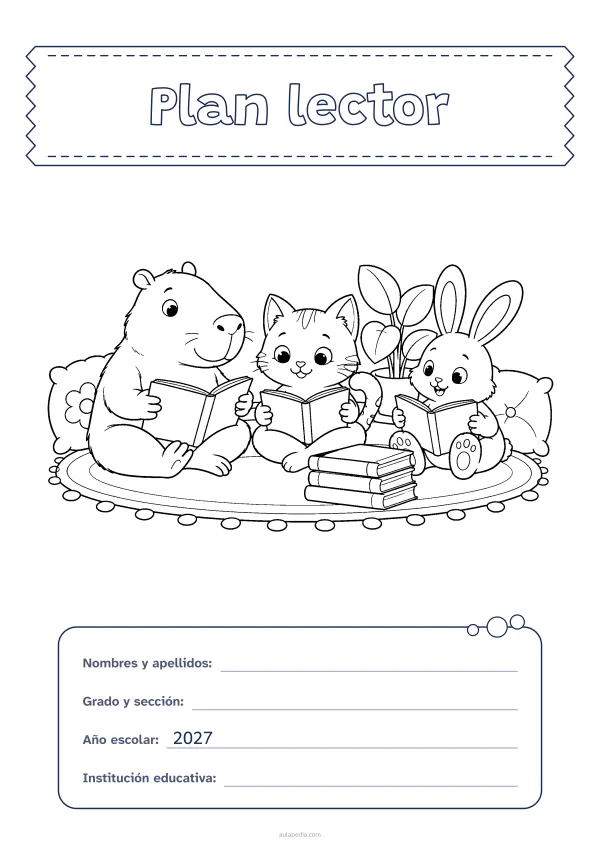 Portada de «Plan lector» para colorear, con el título sobre una cinta de tela y los datos en una tarjeta. Dibujo: un capibara, un gato y un conejo que leen juntos sobre una alfombra, con una pila de libros, cojines y una planta.