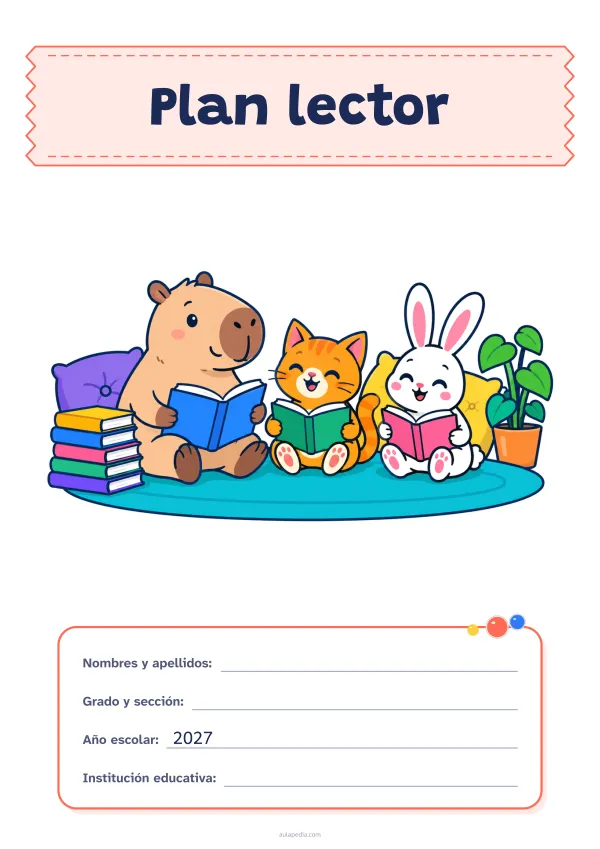 Portada de «Plan lector» a color, con el título sobre una cinta de tela y los datos en una tarjeta. Dibujo: un capibara, un gato y un conejo que leen juntos sobre una alfombra, con una pila de libros, cojines y una planta.