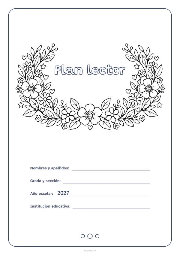 Portada de «Plan lector» para colorear, con el título dentro de una corona de hojas y flores. Dibujo: una corona de hojas, flores, estrellas y corazones, abierta por arriba y con el centro vacío para el título.