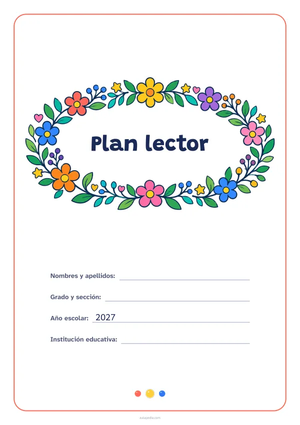 Portada de «Plan lector» a color, con el título dentro de una corona de hojas y flores. Dibujo: una corona ovalada de hojas, flores, estrellas y corazones, con el centro vacío para el título.