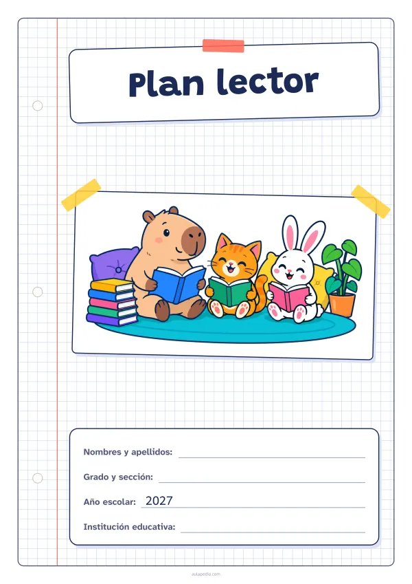 Portada de «Plan lector» a color, con una hoja cuadriculada con margen, el título en un cartel y el dibujo pegado como una foto. Dibujo: un capibara, un gato y un conejo que leen juntos sobre una alfombra, con una pila de libros, cojines y una planta.