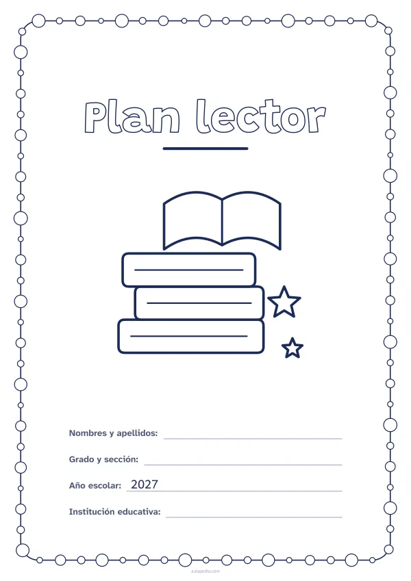 Portada de «Plan lector» para colorear, con un marco redondeado de gomets de varios tamaños. Dibujo: una pila de libros y un libro abierto.