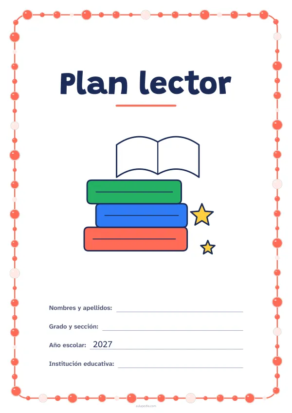 Portada de «Plan lector» a color, con un marco redondeado de gomets de varios tamaños. Dibujo: una pila de libros y un libro abierto.