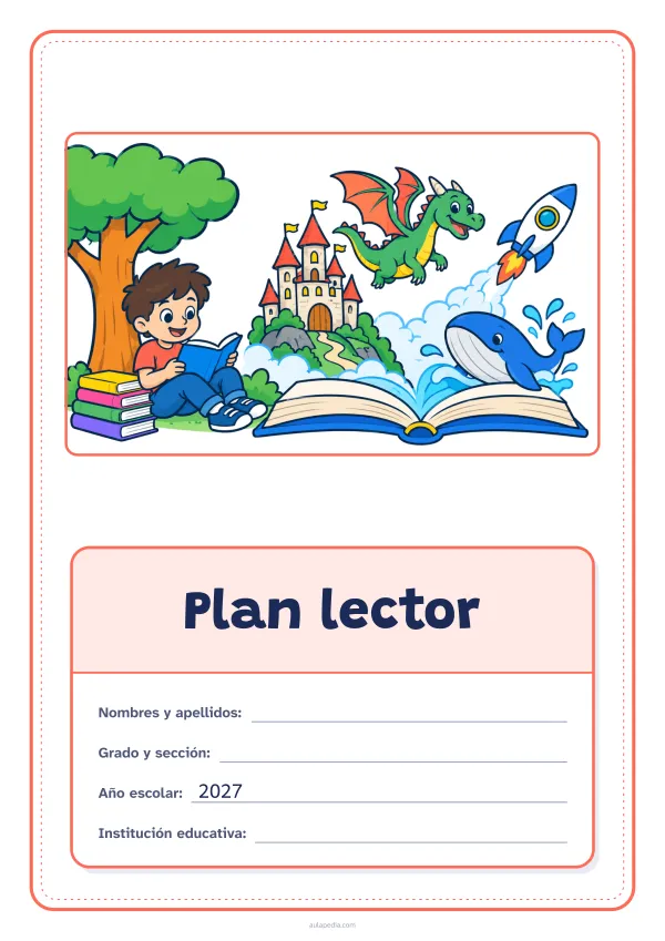 Portada de «Plan lector» a color, con el dibujo arriba y, debajo, una gran etiqueta escolar con el título y los datos. Dibujo: un niño que lee bajo un árbol junto a una pila de libros; de un libro abierto salen un castillo, un dragón, un cohete y una ballena.