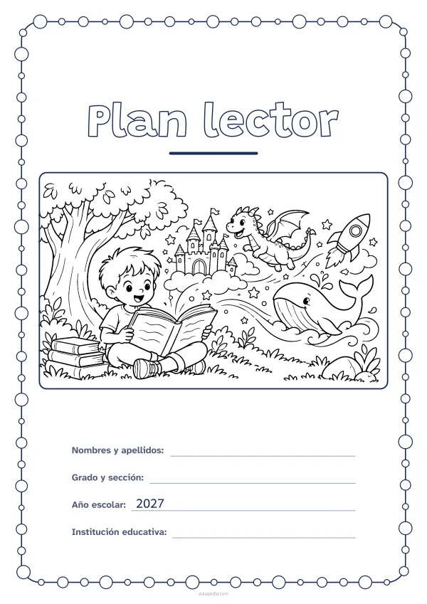 Portada de «Plan lector» para colorear, con un marco redondeado de gomets de varios tamaños. Dibujo: un niño que lee bajo un árbol junto a una pila de libros; de un libro abierto salen un castillo, un dragón, un cohete y una ballena.