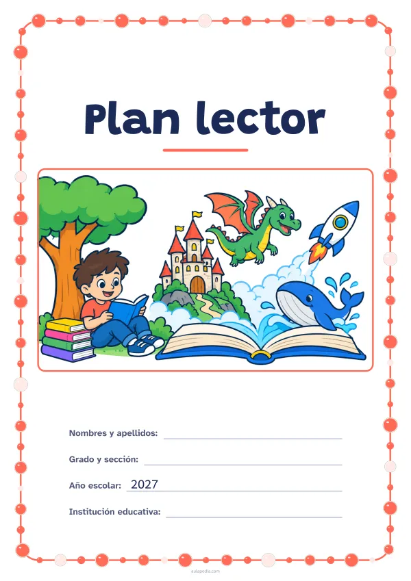Portada de «Plan lector» a color, con un marco redondeado de gomets de varios tamaños. Dibujo: un niño que lee bajo un árbol junto a una pila de libros; de un libro abierto salen un castillo, un dragón, un cohete y una ballena.