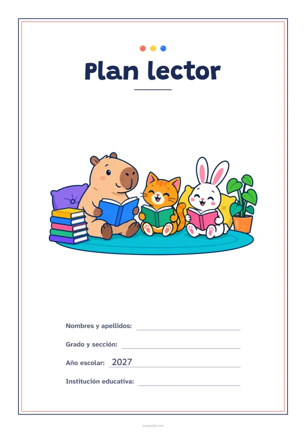 Portada de «Plan lector» a color, con un marco fino de doble línea y mucho blanco. Dibujo: un capibara, un gato y un conejo que leen juntos sobre una alfombra, con una pila de libros, cojines y una planta.