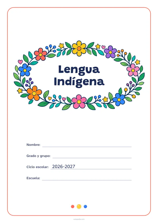 Portada de «Lengua Indígena» a color, con el título dentro de una corona de hojas y flores. Dibujo: una corona ovalada de hojas, flores, estrellas y corazones, con el centro vacío para el título.