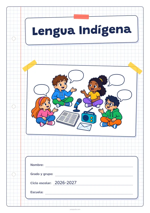 Portada de «Lengua Indígena» a color, con una hoja cuadriculada con margen, el título en un cartel y el dibujo pegado como una foto. Dibujo: cuatro niñas y niños que conversan sentados en círculo, con globos de diálogo, un micrófono, un periódico, una radio y un sobre.