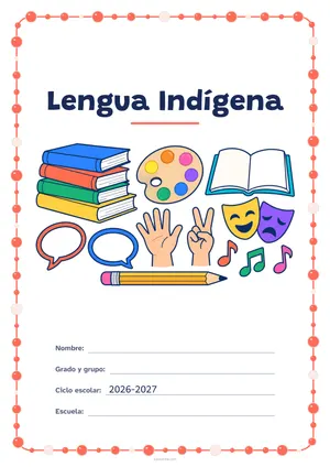 Portada de «Lengua Indígena» a color, con un marco redondeado de gomets de varios tamaños. Dibujo: una pila de libros, una paleta de pintor, un libro abierto, dos globos de diálogo, dos manos que hacen señas, dos máscaras de teatro, notas musicales y un lápiz.