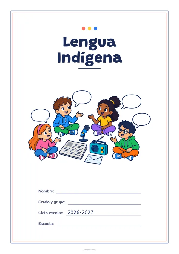 Portada de «Lengua Indígena» a color, con un marco fino de doble línea y mucho blanco. Dibujo: cuatro niñas y niños que conversan sentados en círculo, con globos de diálogo, un micrófono, un periódico, una radio y un sobre.