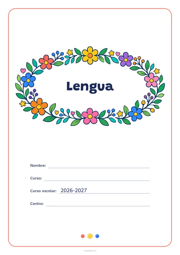 Portada de «Lengua» a color, con el título dentro de una corona de hojas y flores. Dibujo: una corona ovalada de hojas, flores, estrellas y corazones, con el centro vacío para el título.
