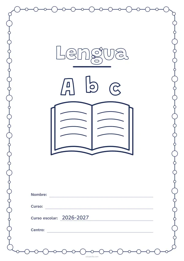 Portada de «Lengua» para colorear, con un marco redondeado de gomets de varios tamaños. Dibujo: un libro abierto con las letras A, b y c.