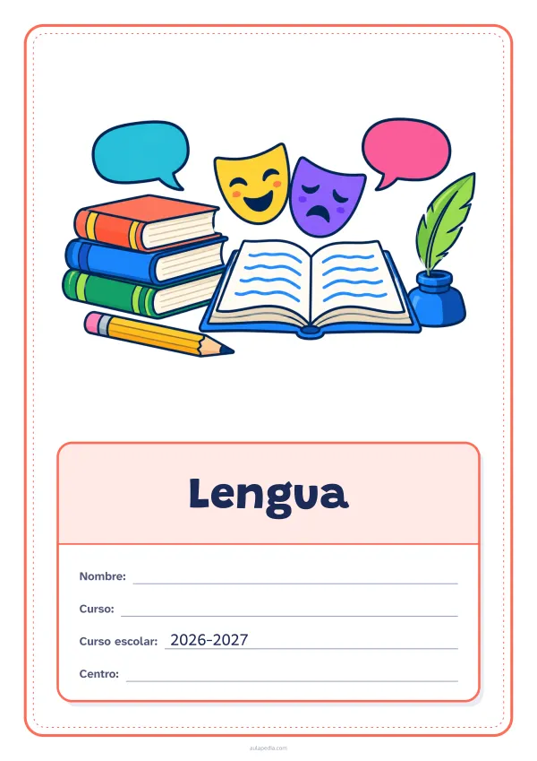 Portada de «Lengua» a color, con el dibujo arriba y, debajo, una gran etiqueta escolar con el título y los datos. Dibujo: una pila de libros, un libro abierto, un lápiz, una pluma en su tintero, dos globos de diálogo y dos máscaras de teatro.