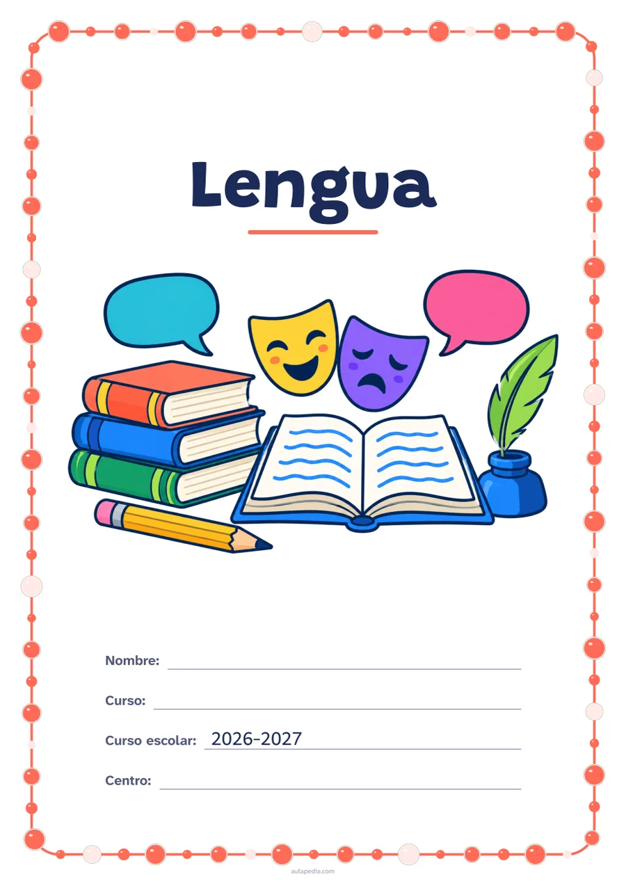 Portada de «Lengua» a color, con un marco redondeado de gomets de varios tamaños. Dibujo: una pila de libros, un libro abierto, un lápiz, una pluma en su tintero, dos globos de diálogo y dos máscaras de teatro.