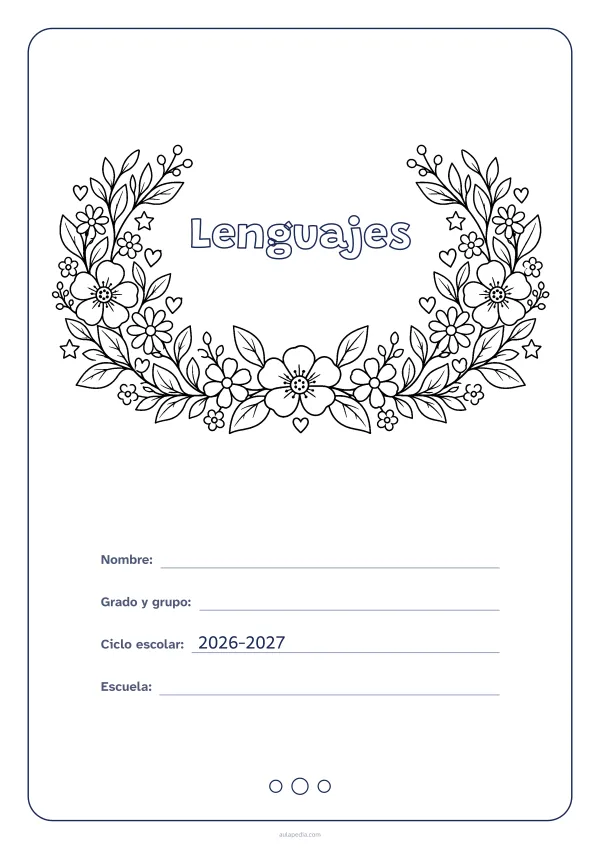 Portada de «Lenguajes» para colorear, con el título dentro de una corona de hojas y flores. Dibujo: una corona de hojas, flores, estrellas y corazones, abierta por arriba y con el centro vacío para el título.