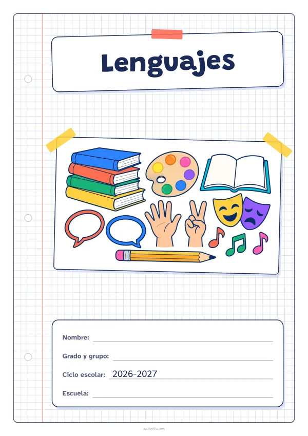 Portada de «Lenguajes» a color, con una hoja cuadriculada con margen, el título en un cartel y el dibujo pegado como una foto. Dibujo: una pila de libros, una paleta de pintor, un libro abierto, dos globos de diálogo, dos manos que hacen señas, dos máscaras de teatro, notas musicales y un lápiz.