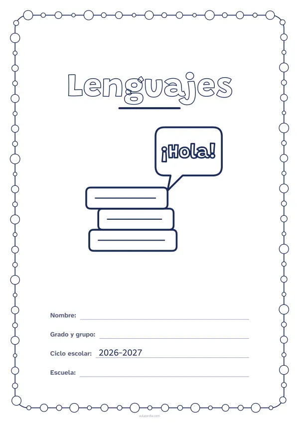 Portada de «Lenguajes» para colorear, con un marco redondeado de gomets de varios tamaños. Dibujo: una pila de libros y un globo de diálogo con «¡Hola!».