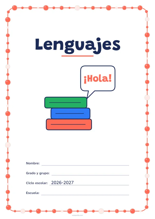 Portada de «Lenguajes» a color, con un marco redondeado de gomets de varios tamaños. Dibujo: una pila de libros y un globo de diálogo con «¡Hola!».