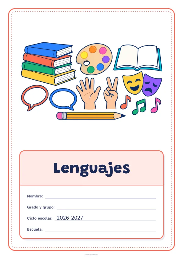 Portada de «Lenguajes» a color, con el dibujo arriba y, debajo, una gran etiqueta escolar con el título y los datos. Dibujo: una pila de libros, una paleta de pintor, un libro abierto, dos globos de diálogo, dos manos que hacen señas, dos máscaras de teatro, notas musicales y un lápiz.