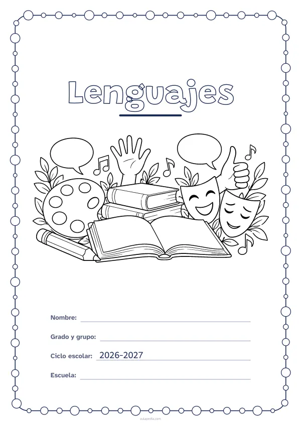 Portada de «Lenguajes» para colorear, con un marco redondeado de gomets de varios tamaños. Dibujo: una pila de libros, una paleta de pintor, un libro abierto, dos globos de diálogo, dos manos que hacen señas, dos máscaras de teatro, notas musicales y un lápiz.