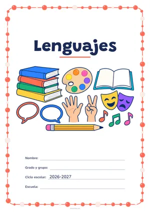 Portada de «Lenguajes» a color, con un marco redondeado de gomets de varios tamaños. Dibujo: una pila de libros, una paleta de pintor, un libro abierto, dos globos de diálogo, dos manos que hacen señas, dos máscaras de teatro, notas musicales y un lápiz.