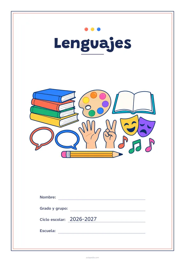 Portada de «Lenguajes» a color, con un marco fino de doble línea y mucho blanco. Dibujo: una pila de libros, una paleta de pintor, un libro abierto, dos globos de diálogo, dos manos que hacen señas, dos máscaras de teatro, notas musicales y un lápiz.