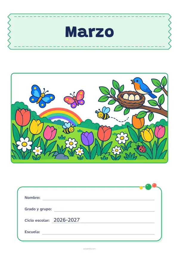 Portada de «Marzo» a color, con el título sobre una cinta de tela y los datos en una tarjeta. Dibujo: un prado con tulipanes y margaritas, mariposas, abejas, un pájaro junto a su nido con tres huevos, un arcoíris y una mariquita.